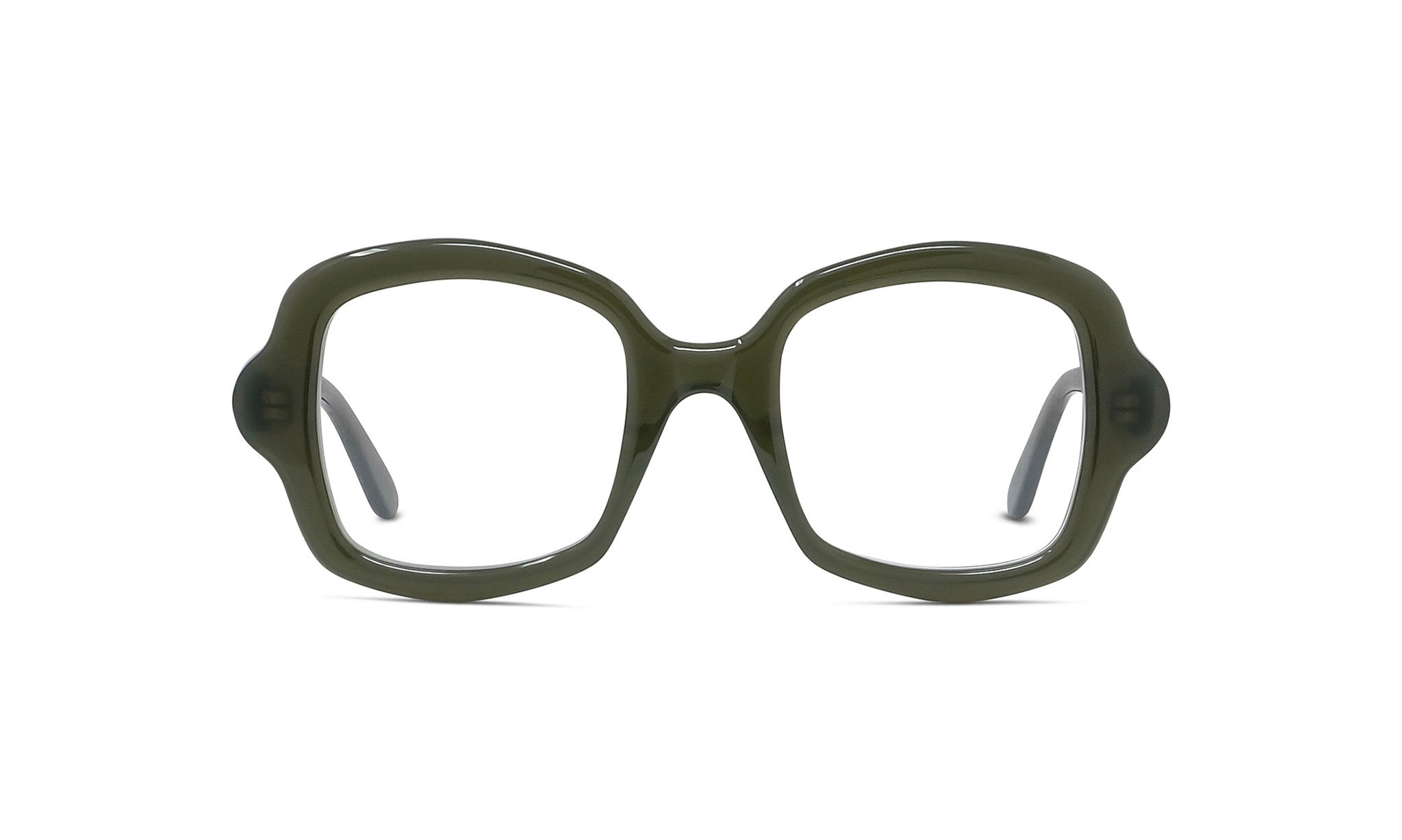 A pair of dark green-framed glasses with clear lenses.