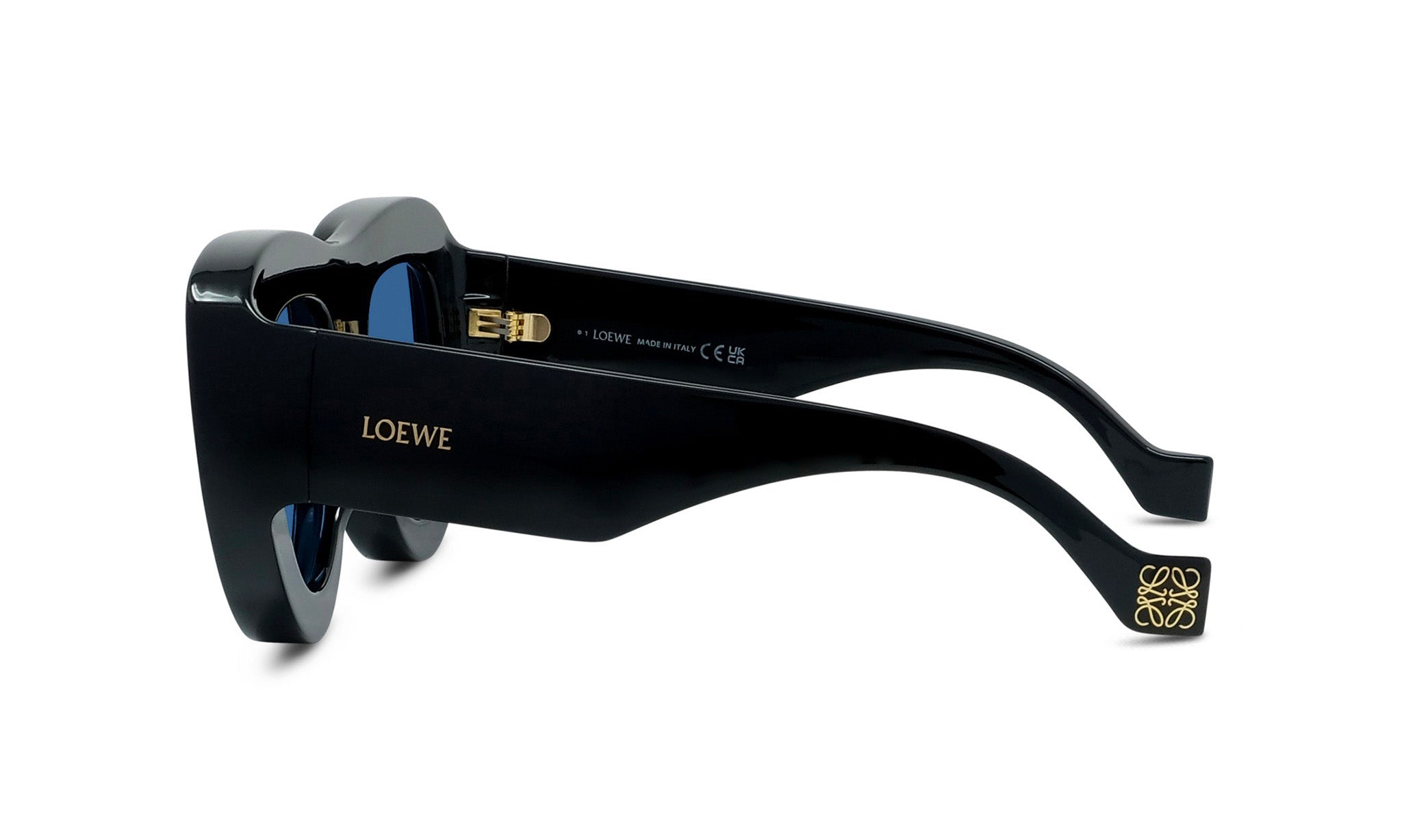 A pair of black sunglasses with gold accents, featuring the LEWE logo on the frame.