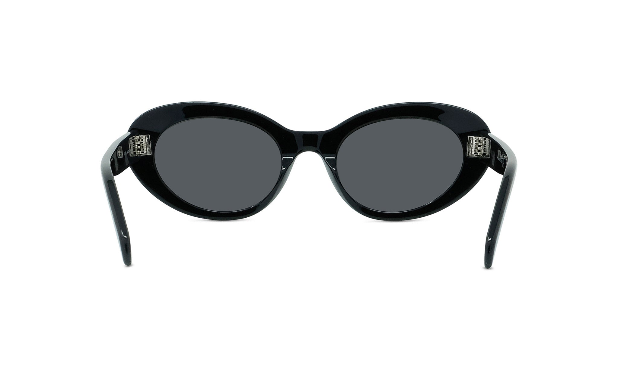 A pair of black, round sunglasses with dark lenses.