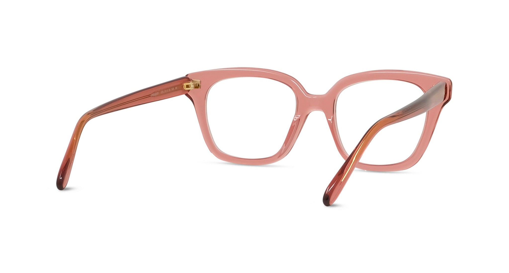 A pair of pink-framed glasses with a clear lens, shown from the back view.