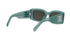 A pair of green sunglasses with a white logo on the frame.