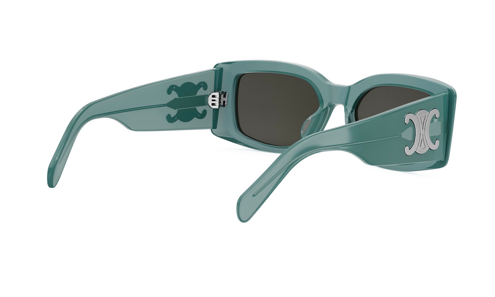 A pair of green sunglasses with a white logo on the frame.
