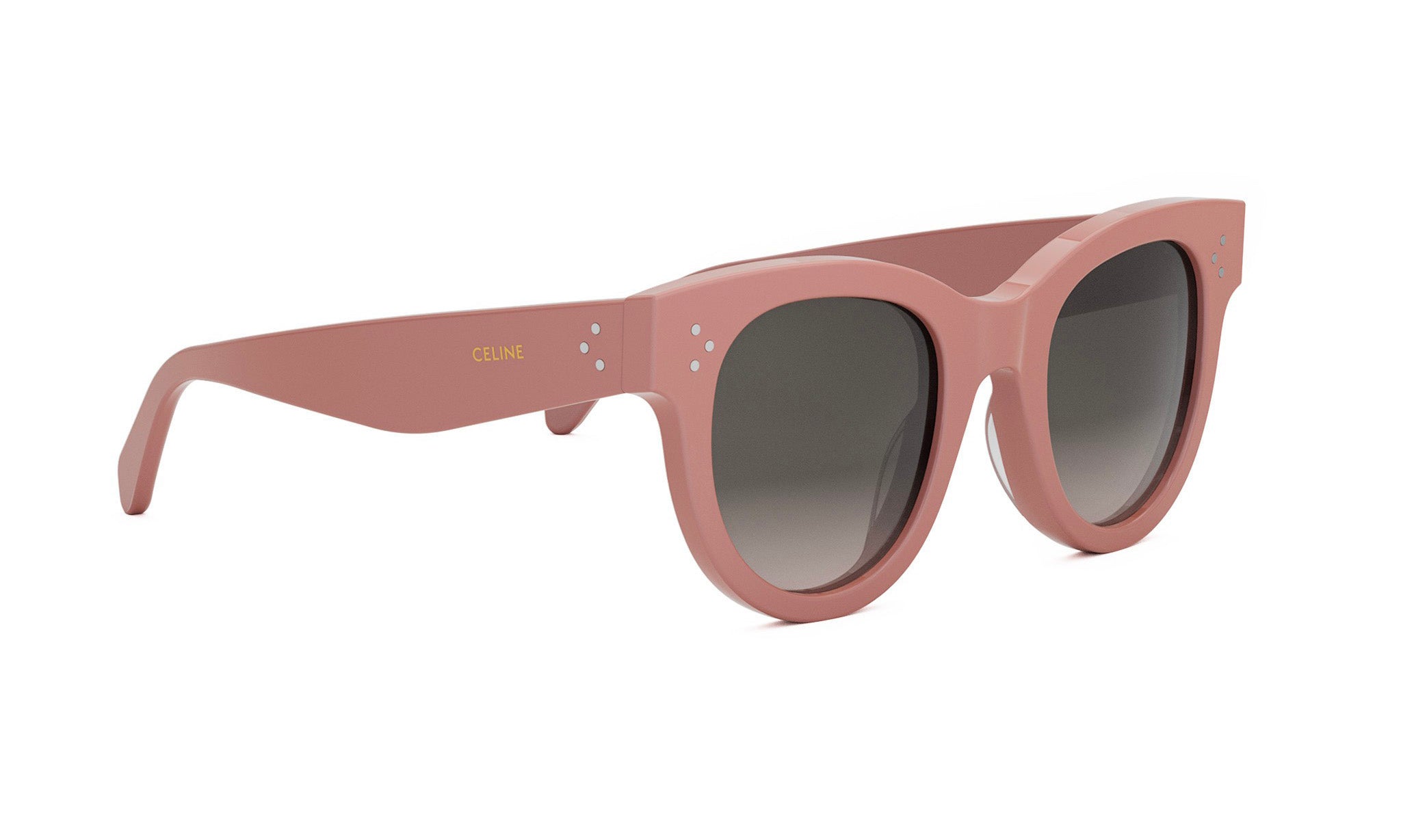 A pair of pink sunglasses with a dark lens.