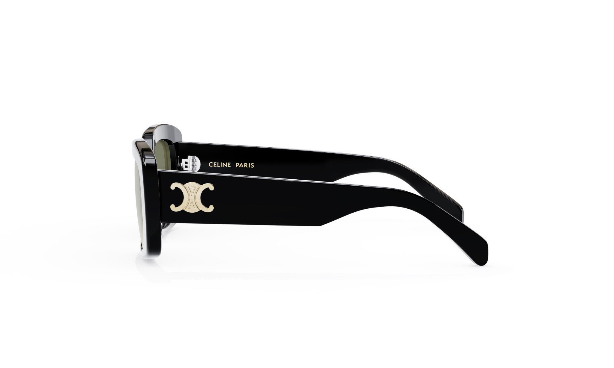 A pair of black sunglasses with a gold logo on the frame.