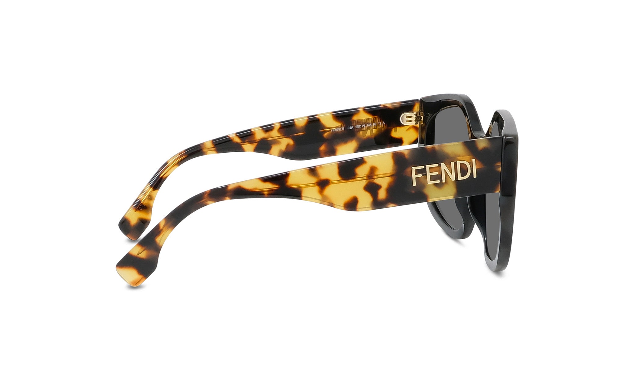 A pair of sunglasses with a tortoiseshell frame and the Fendi logo on the side.