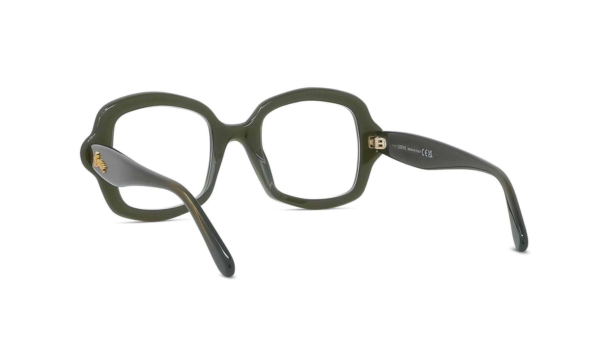 A pair of dark green-framed glasses with a square frame and a gold-colored buckle.