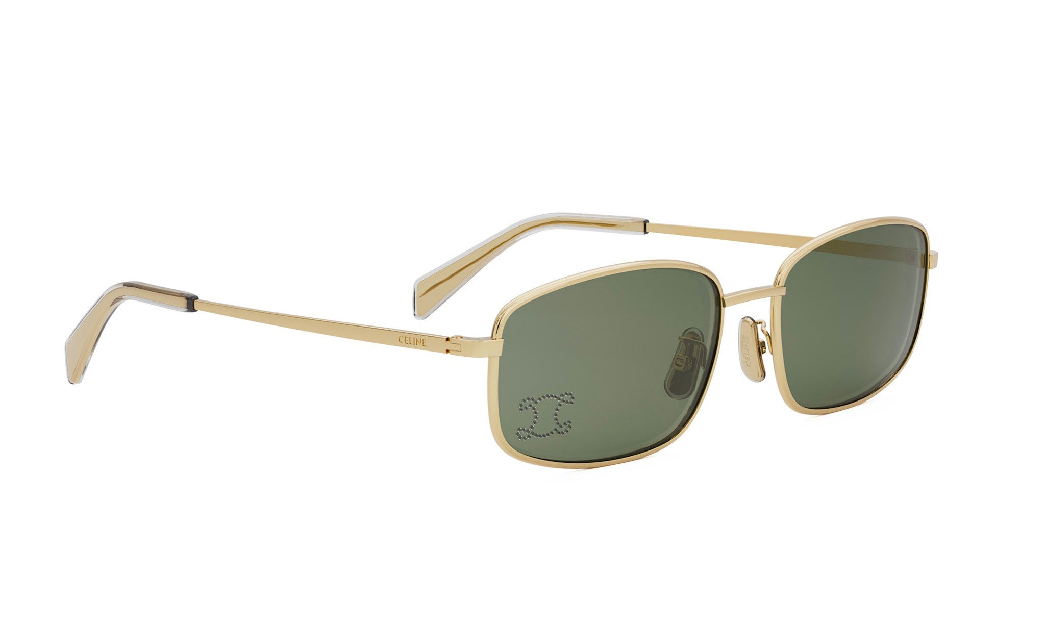 A pair of gold-colored sunglasses with dark green lenses.