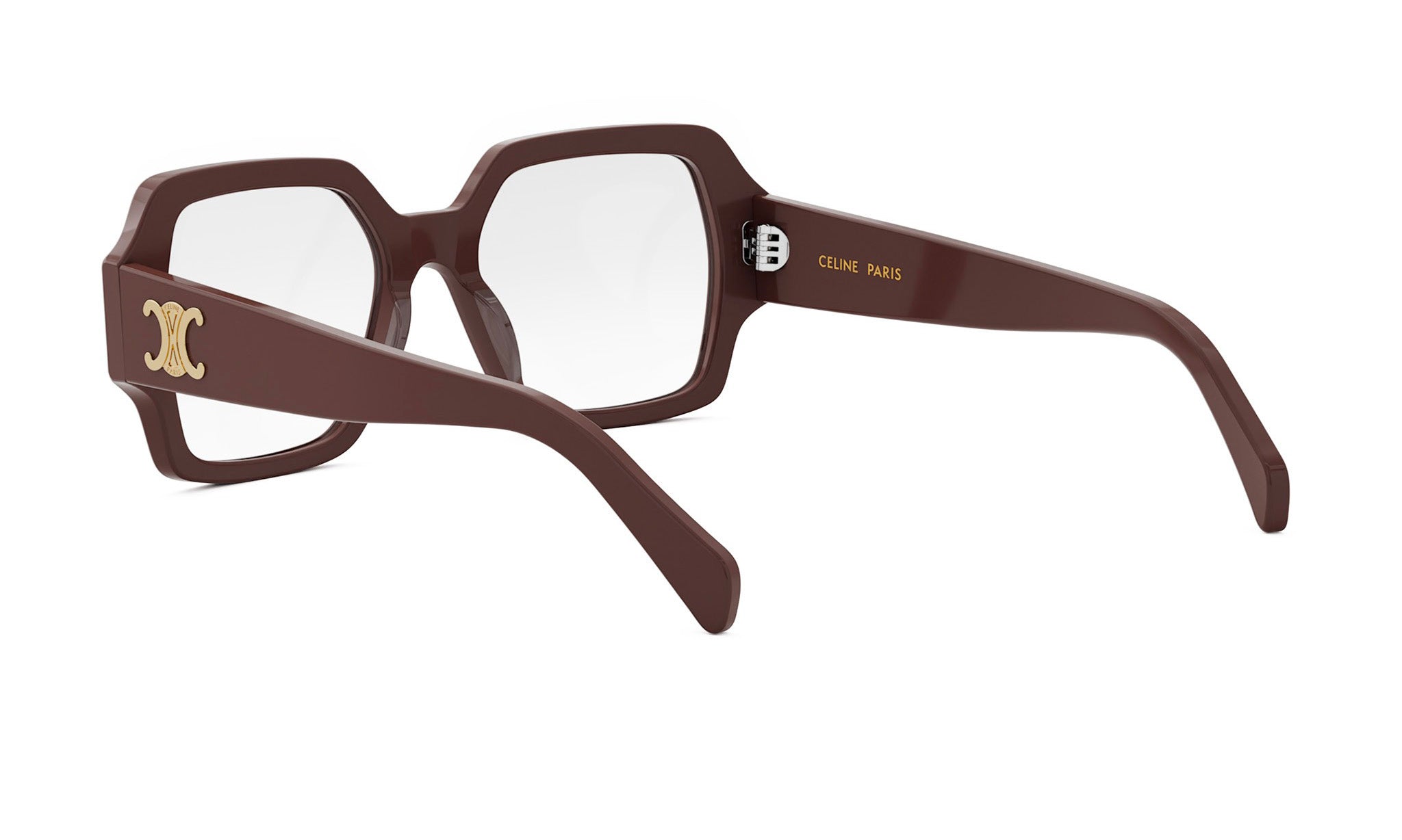 A pair of brown-framed glasses with a Celine Paris logo on the temples.