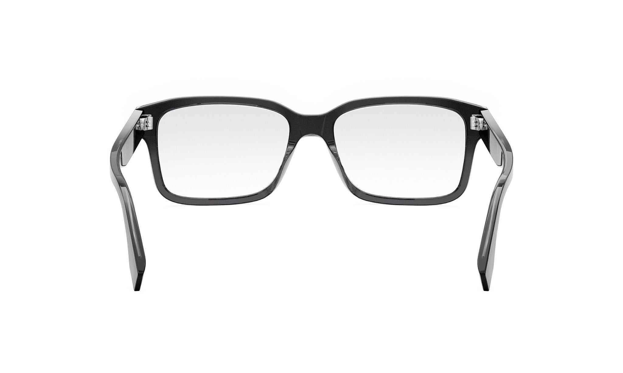 A pair of black-framed glasses with a clear lens, shown from the front view.