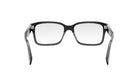 A pair of black-framed glasses with a clear lens, shown from the front view.