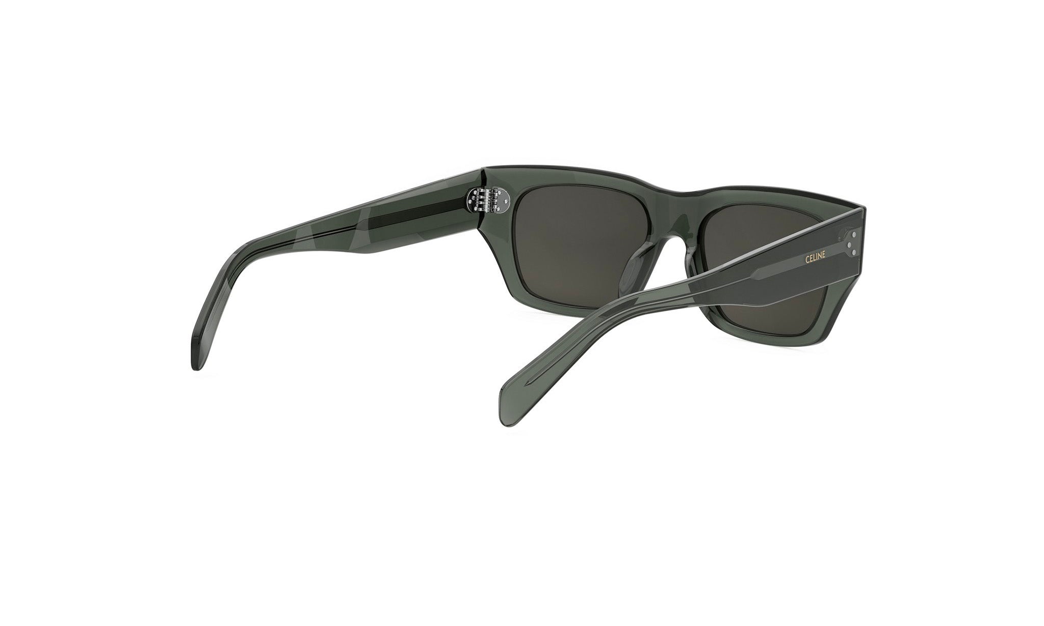 A pair of dark green sunglasses with a sleek, modern design.