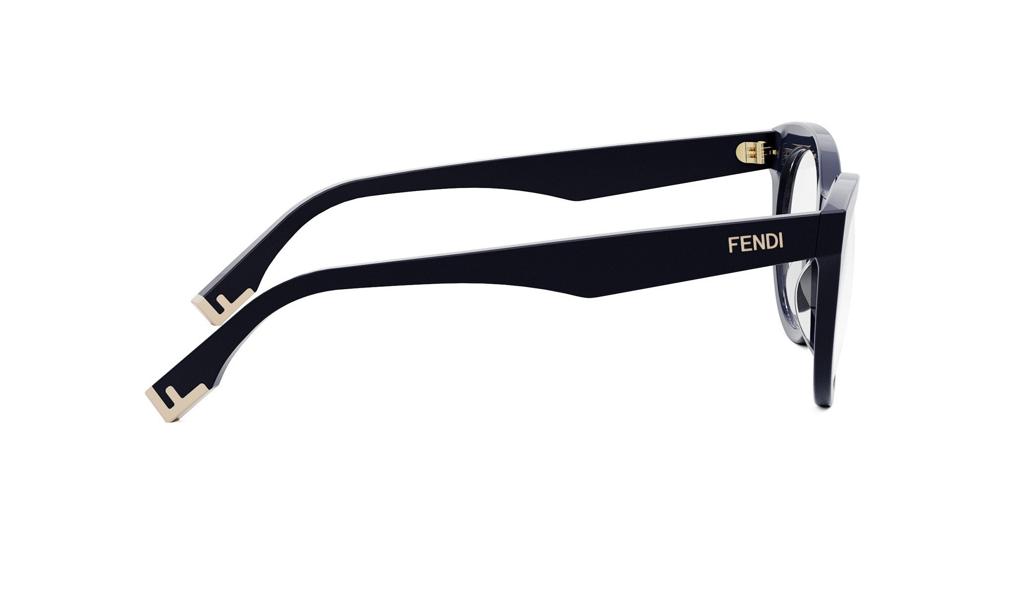 A pair of black Fendi-branded eyeglasses with a sleek, modern design.