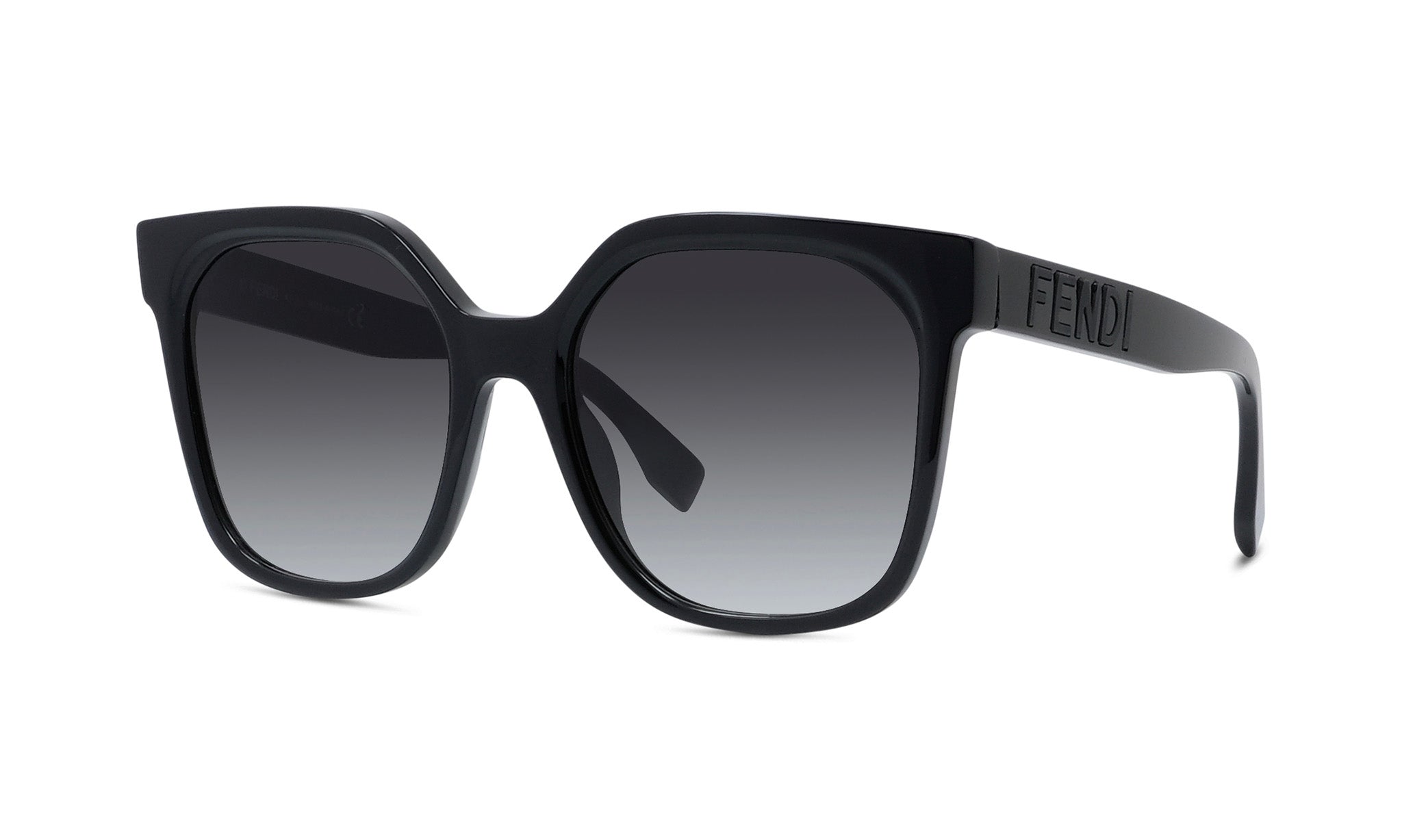 A pair of black sunglasses with the Fendi logo on the frame.
