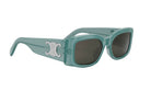A pair of green-framed sunglasses with dark lenses.