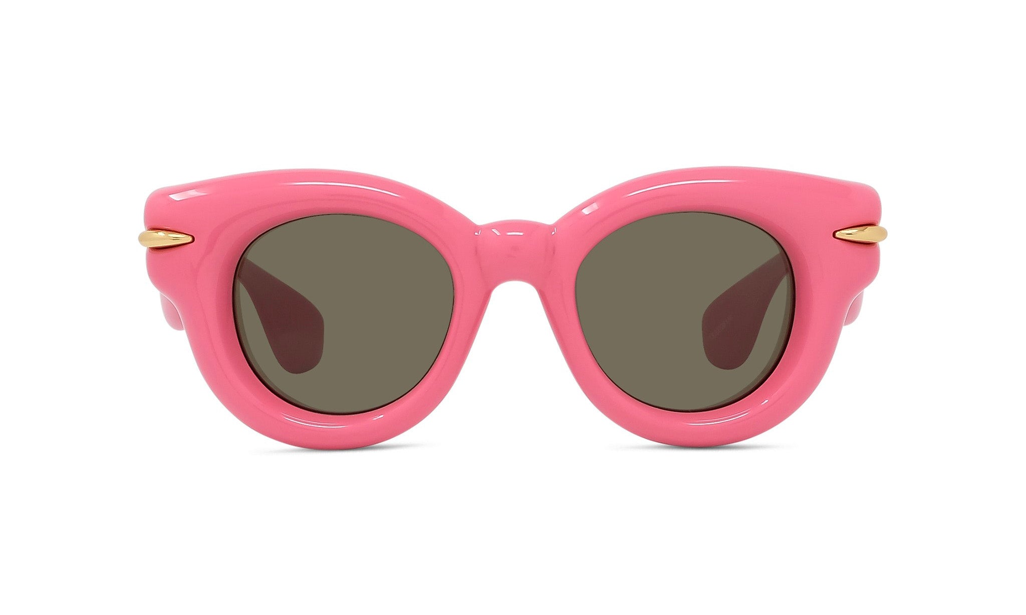 A pair of pink sunglasses with dark lenses.