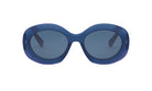 A pair of blue, round sunglasses with dark lenses.