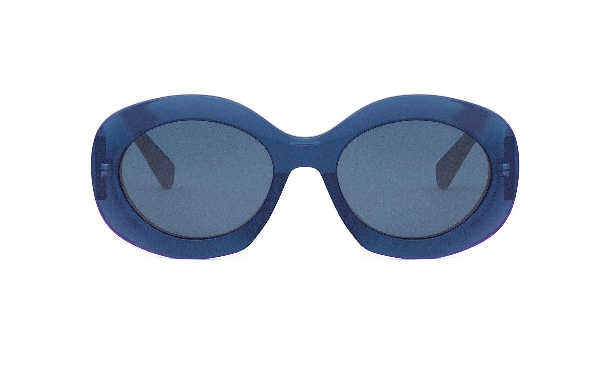 A pair of blue, round sunglasses with dark lenses.