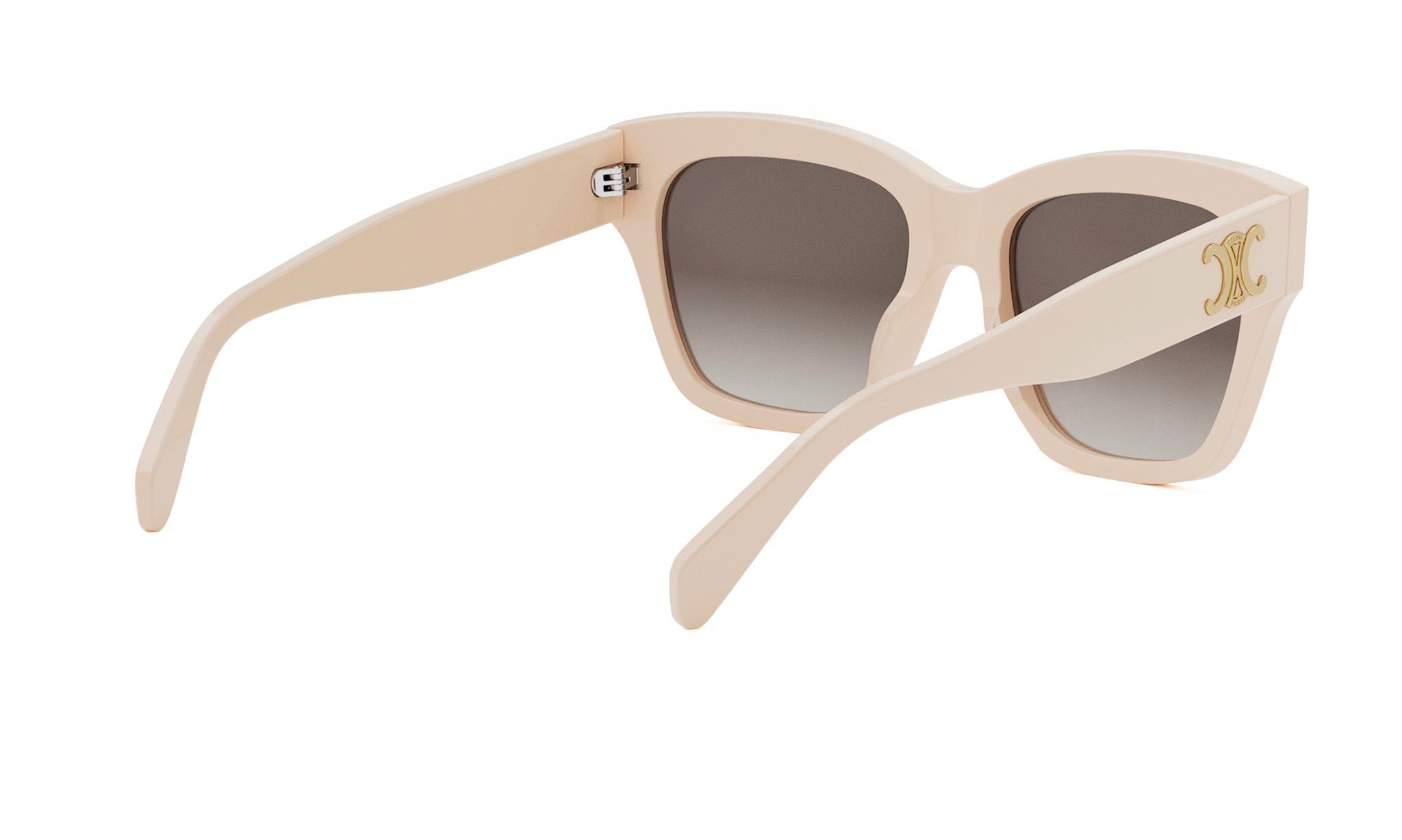 A pair of cream-colored sunglasses with a gold logo on the frame.