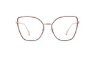 A pair of stylish, modern-looking glasses with a maroon frame and clear lenses.