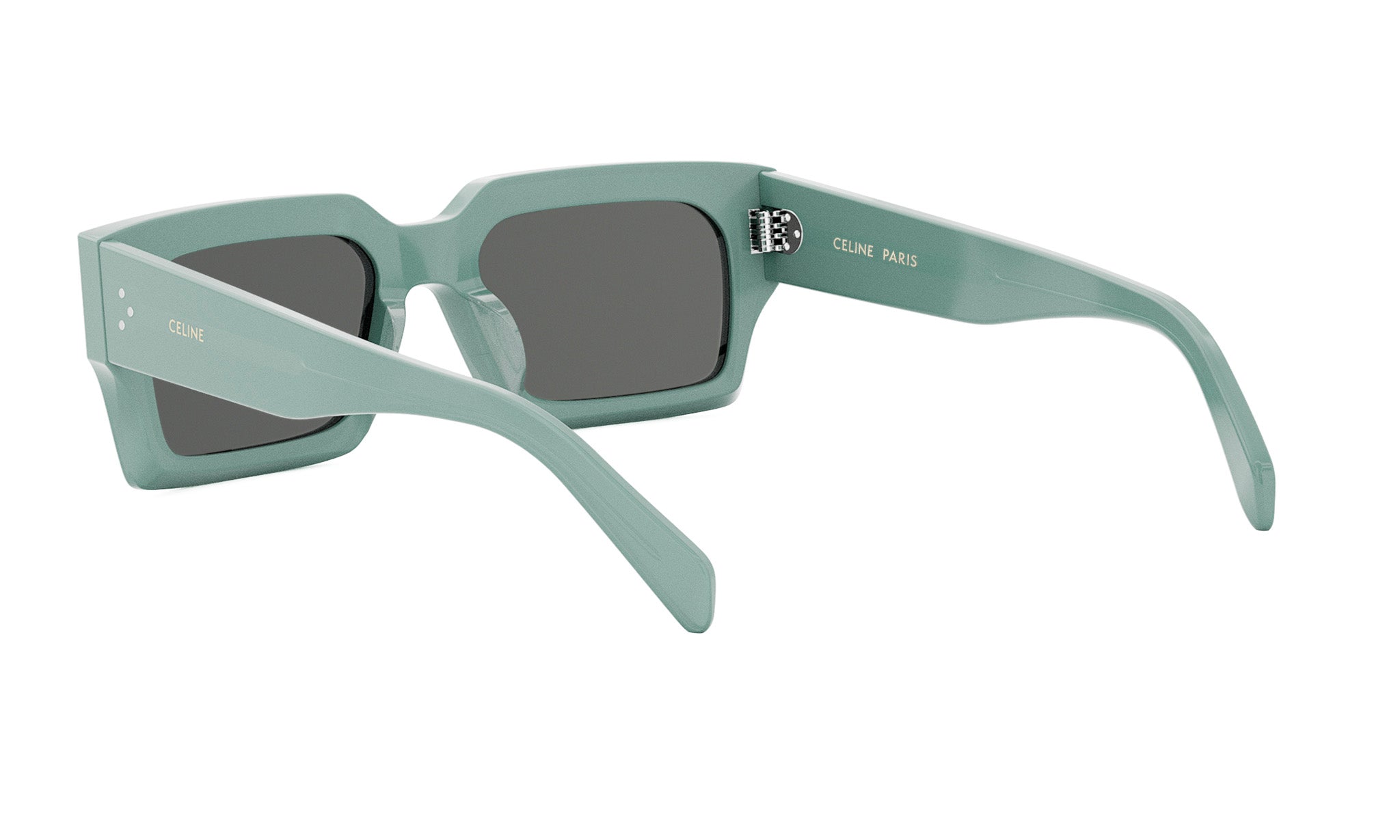 A pair of light green sunglasses with dark lenses.