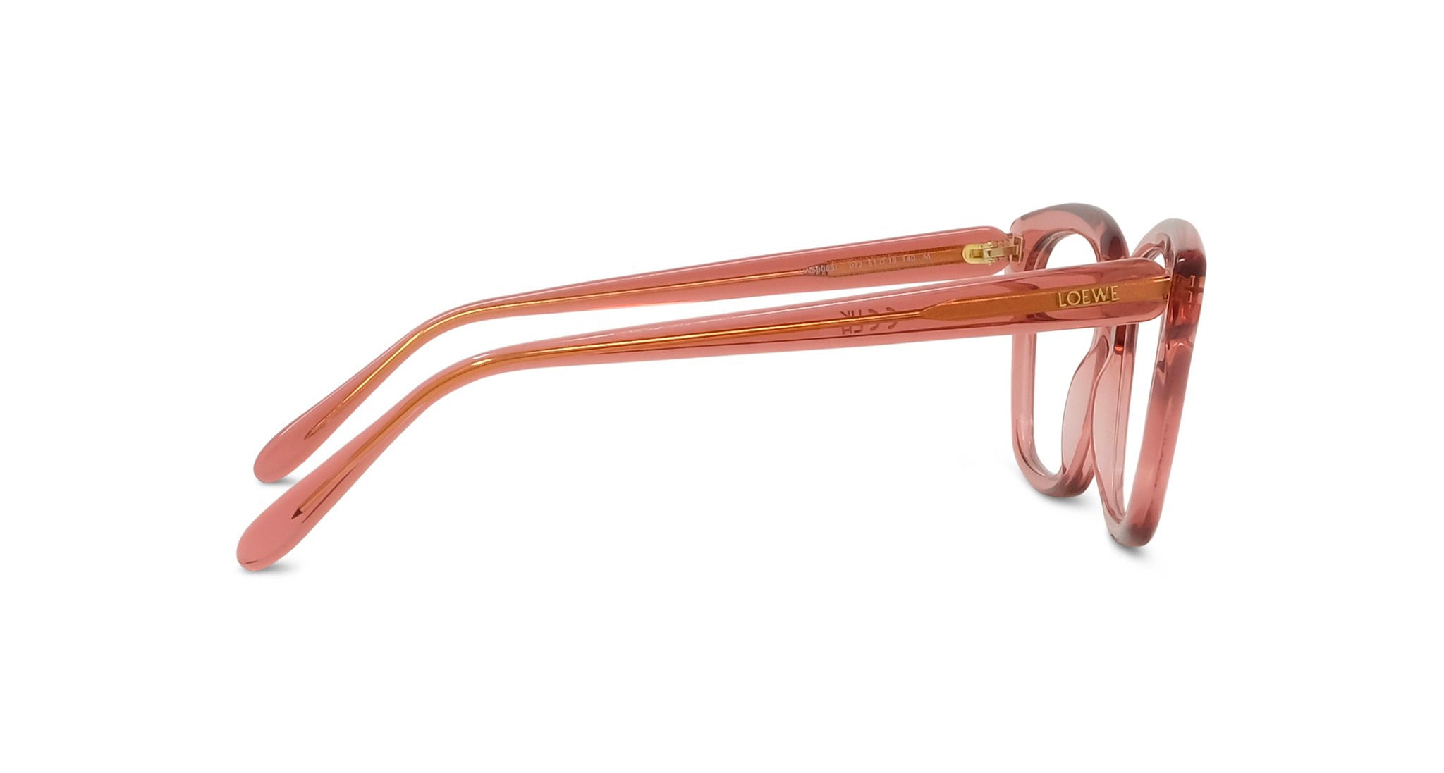 A pair of pink-tinted eyeglasses with the LESS THAN 500 characters logo on the temples.