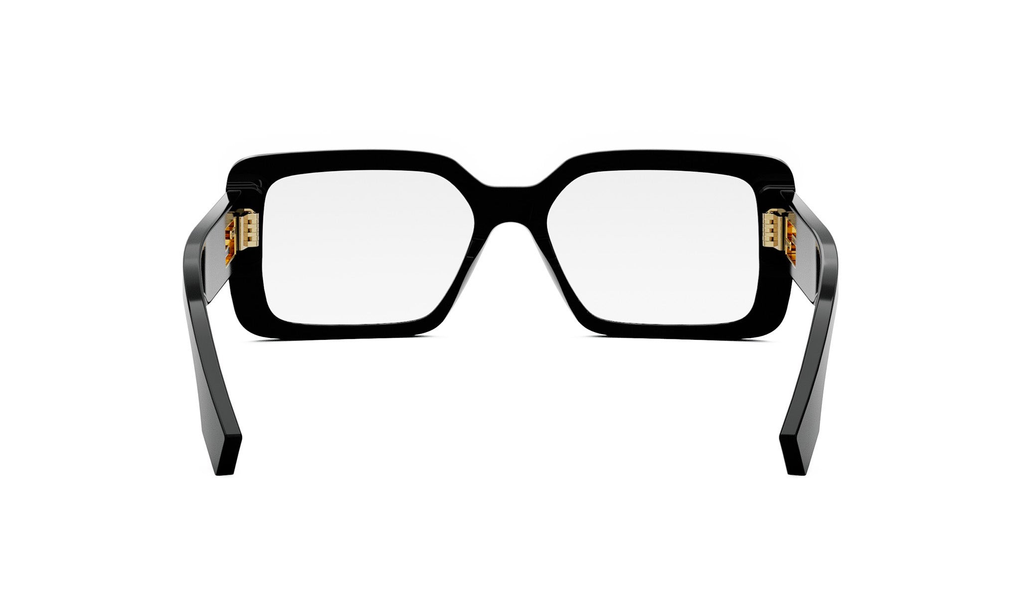 A pair of black-framed glasses with gold accents, positioned facing forward against a white background.