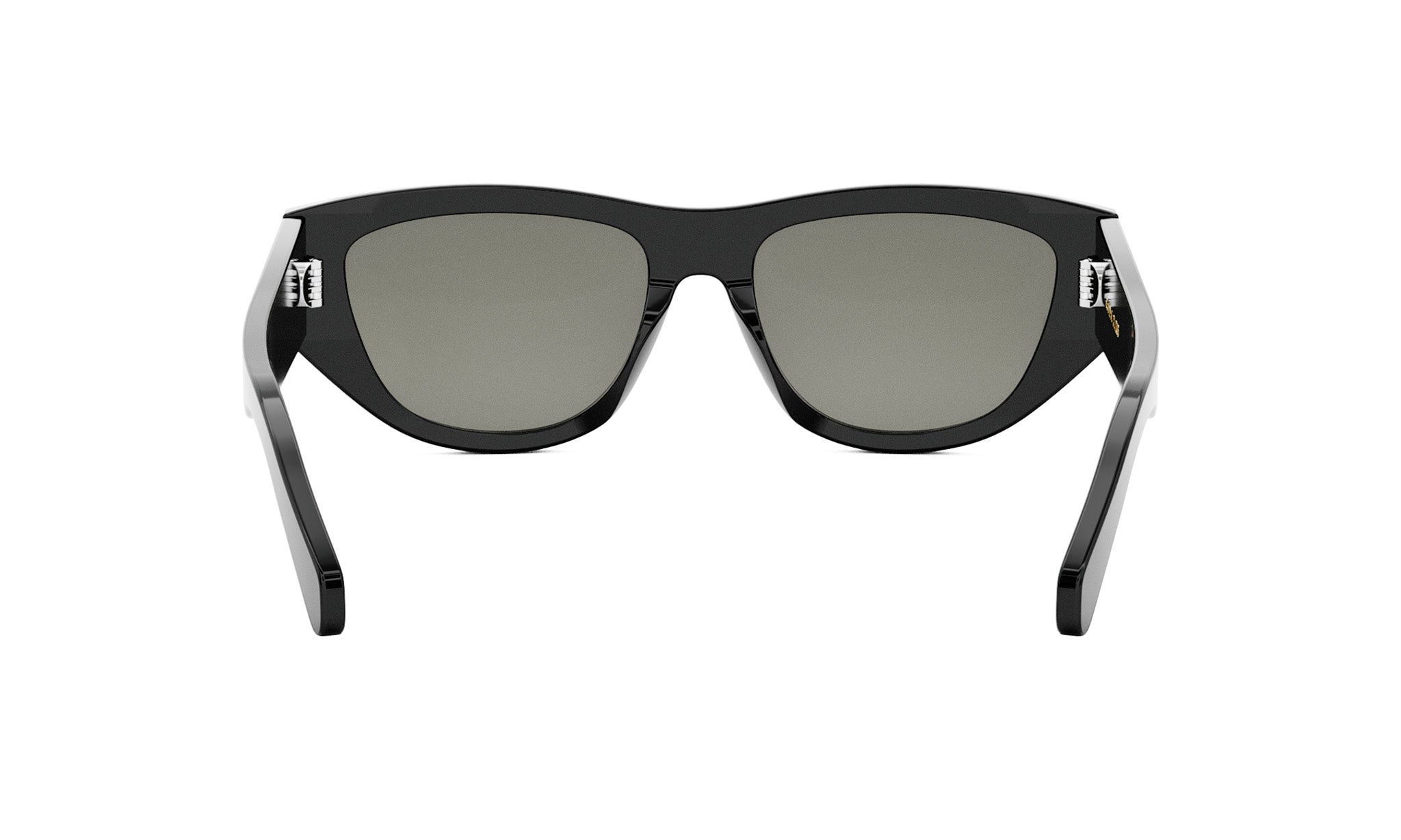 A pair of black sunglasses with dark lenses.