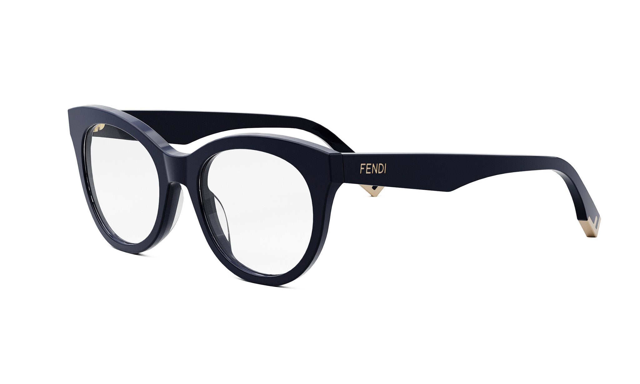 A pair of black cat-eye framed glasses with the Fendi logo on the frame.
