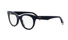 A pair of black cat-eye framed glasses with the Fendi logo on the frame.