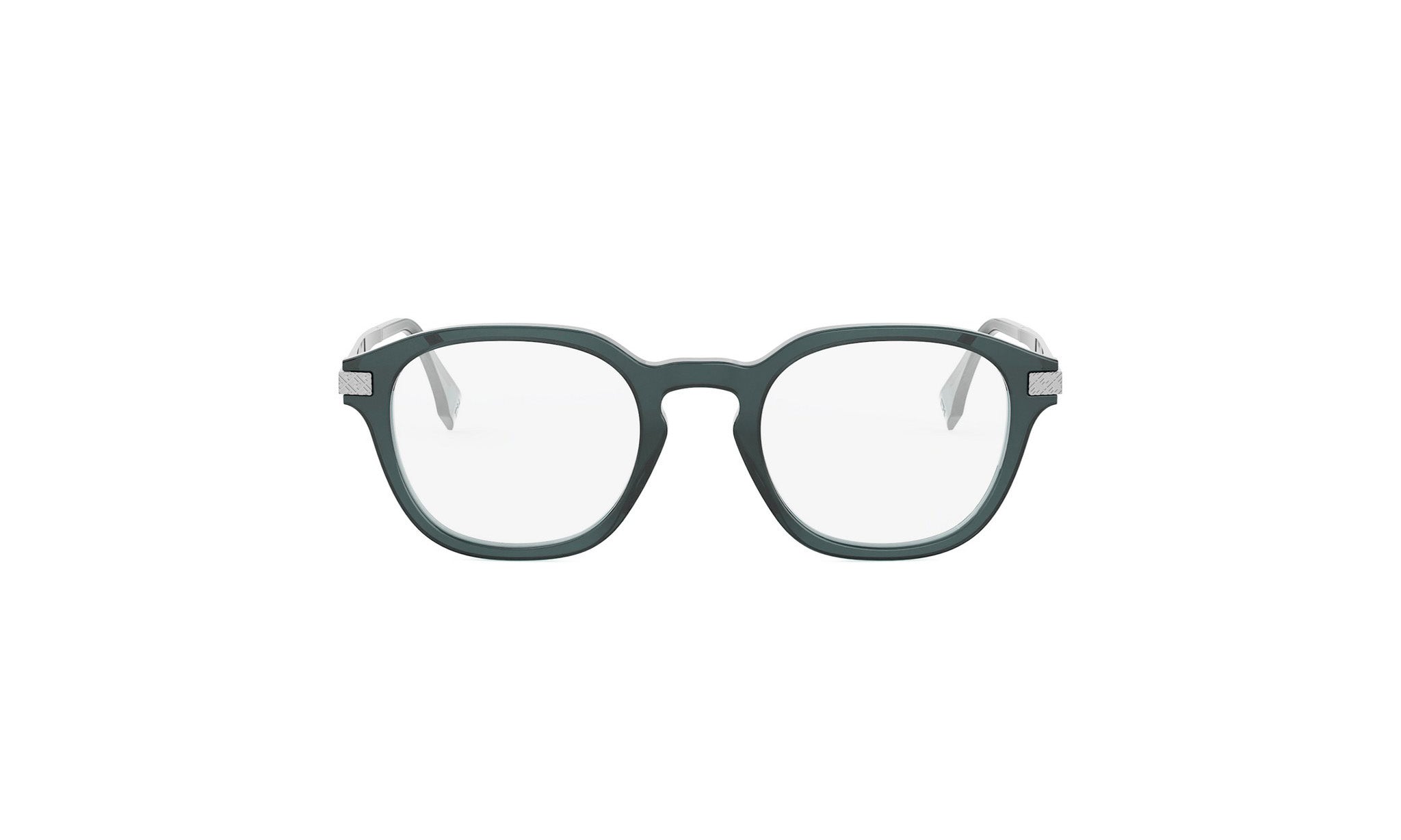 A pair of dark green-framed glasses with clear lenses, set against a white background.