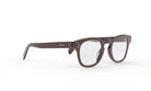 A pair of brown-framed glasses with clear lenses, featuring a sleek and modern design.