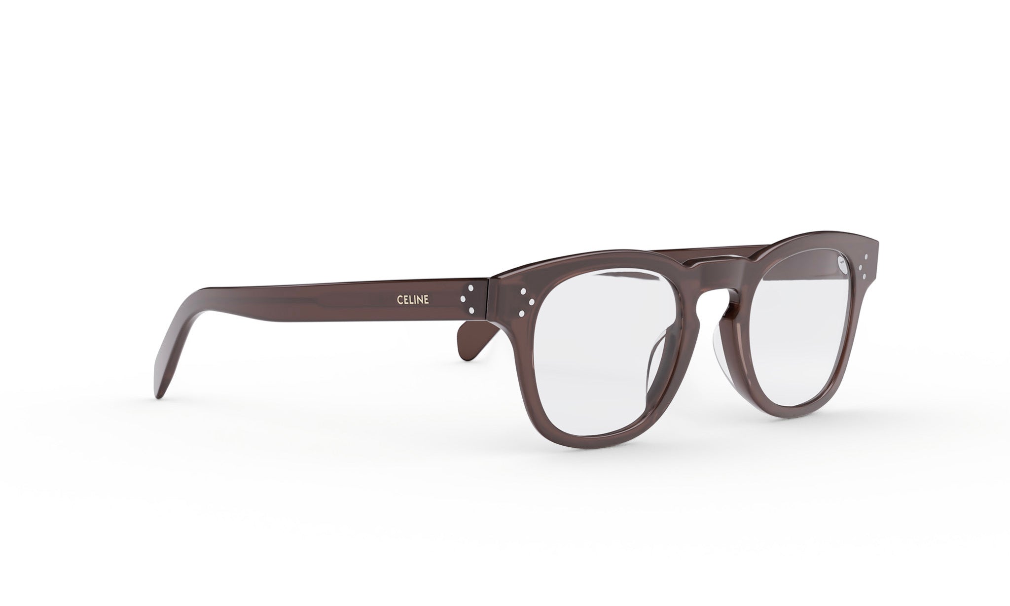 A pair of brown-framed glasses with clear lenses, featuring a sleek and modern design.