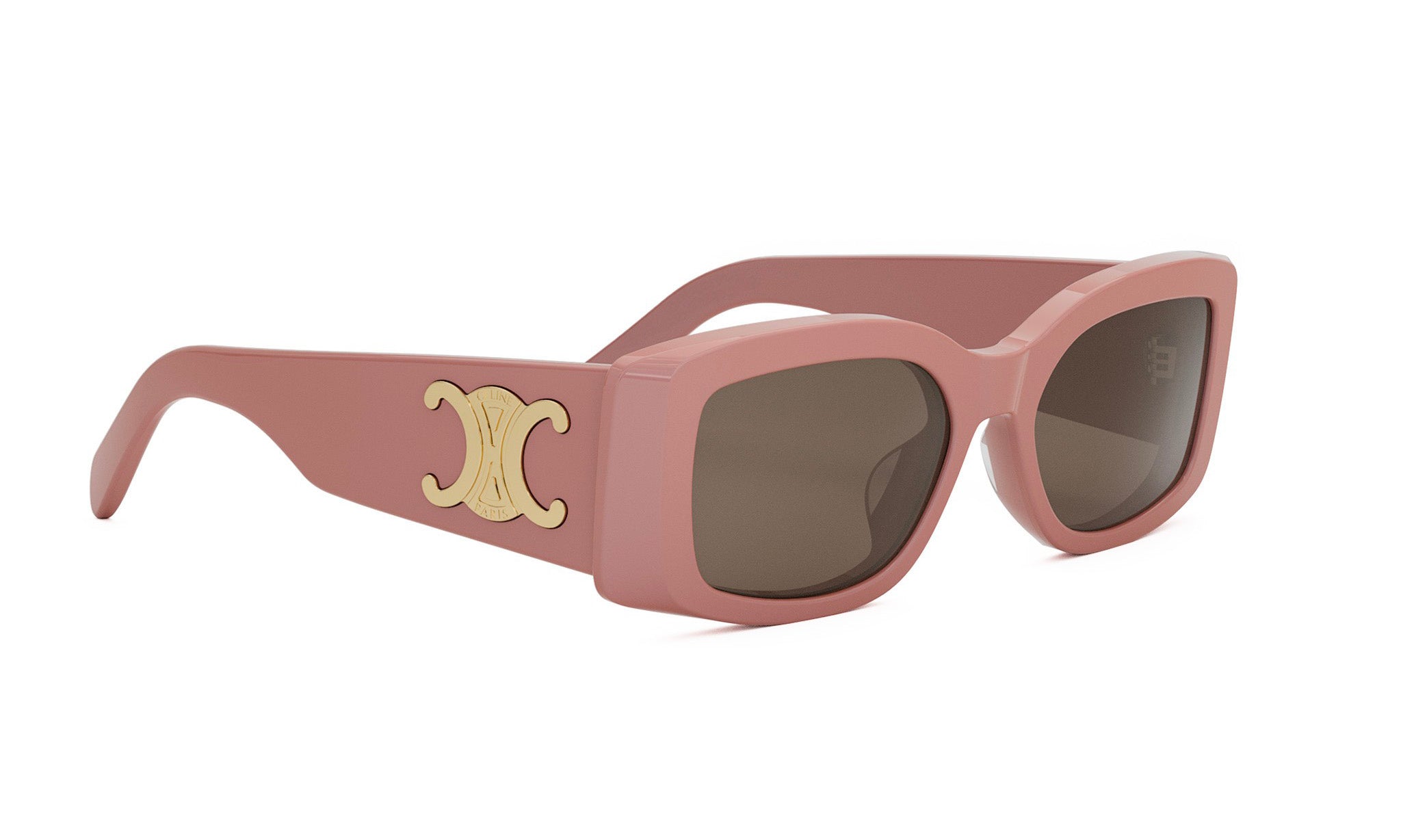 A pair of pink sunglasses with a gold logo on the side.