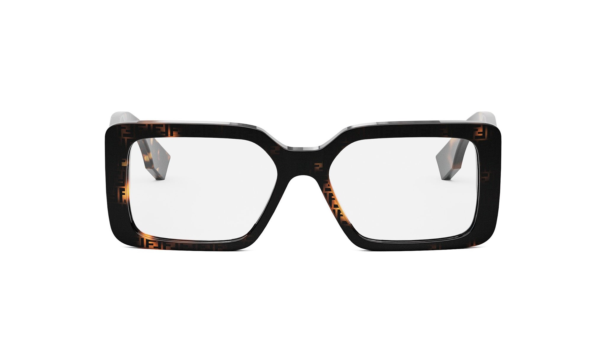 A pair of stylish, black-framed glasses with a distinctive geometric pattern on the temples.