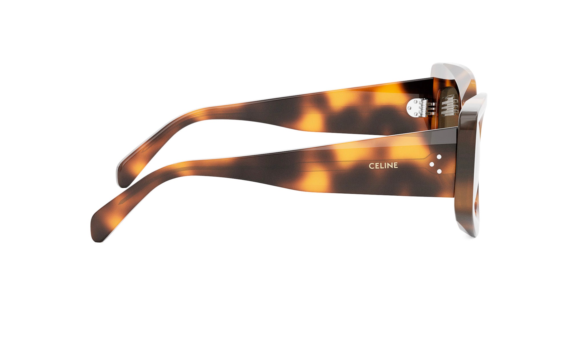 A pair of sunglasses with a tortoiseshell frame and the Celine logo on the side.