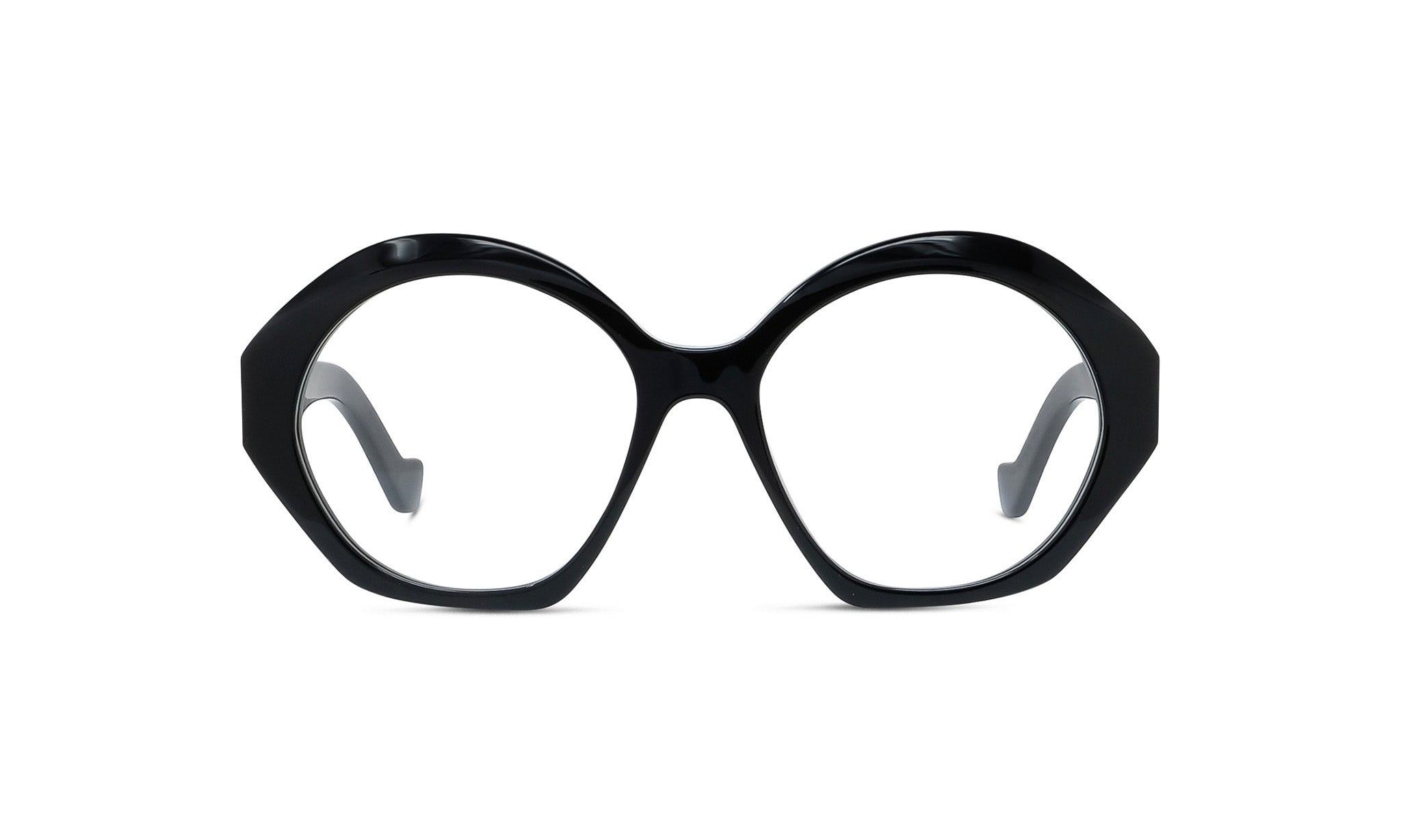 A pair of black, round-framed glasses with a sleek, modern design.
