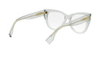 A pair of clear, cat-eye-shaped glasses with gold accents.
