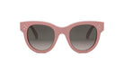 A pair of pink-framed sunglasses with dark lenses.