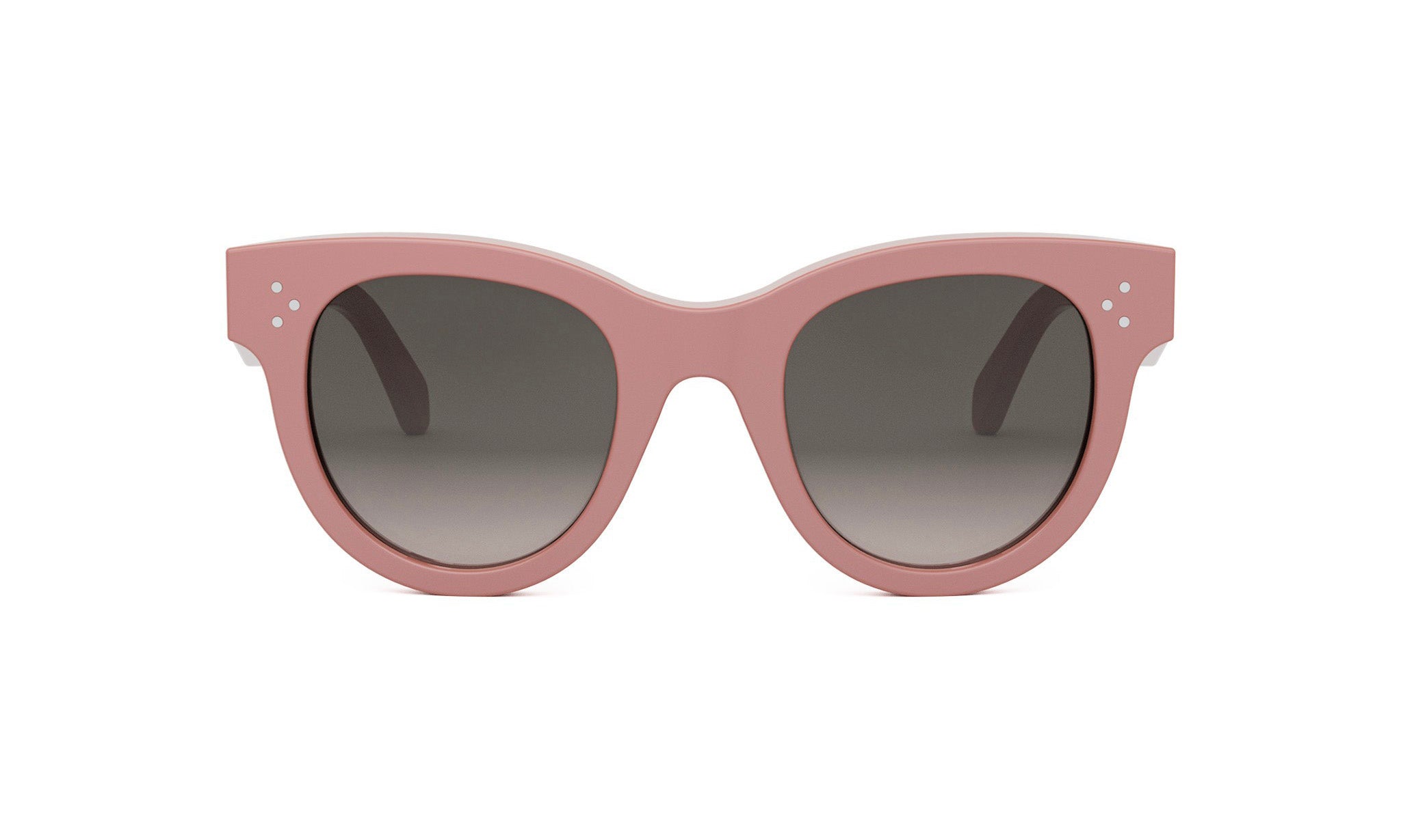 A pair of pink-framed sunglasses with dark lenses.