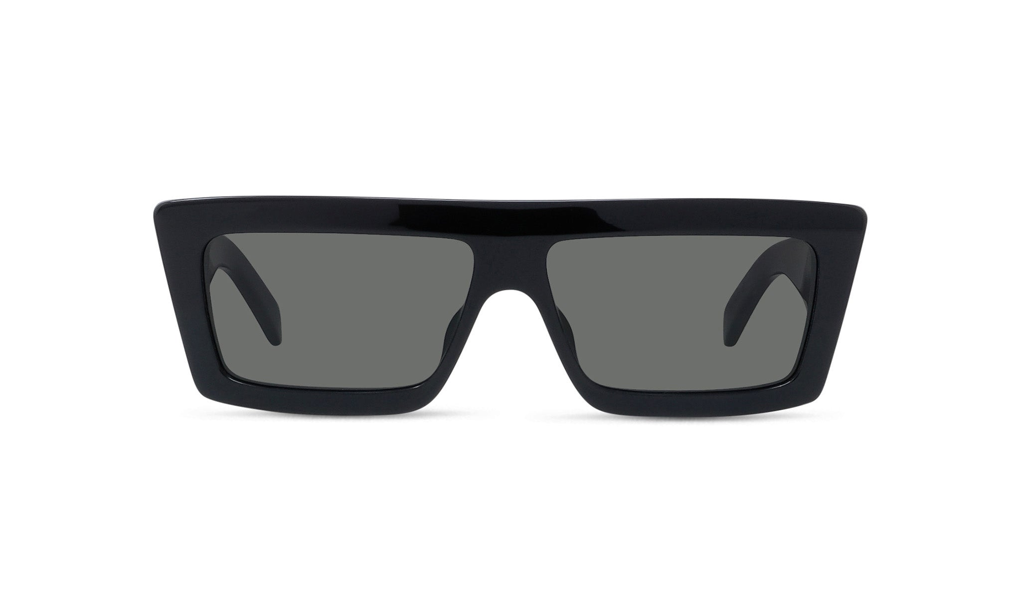 A pair of black rectangular sunglasses with dark lenses.