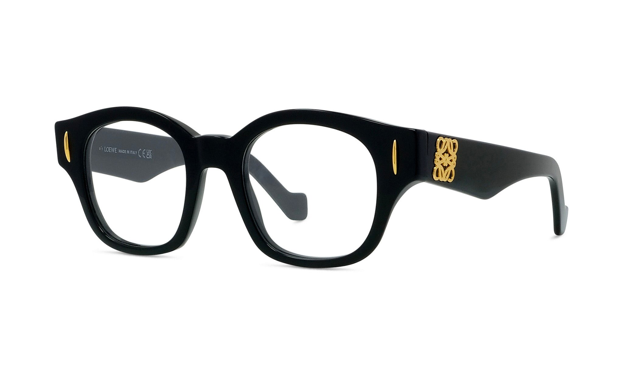 A pair of black-framed glasses with a gold logo on the side.
