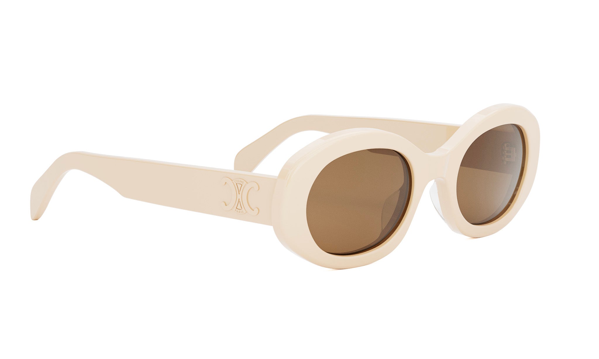 A pair of white, round sunglasses with brown lenses.
