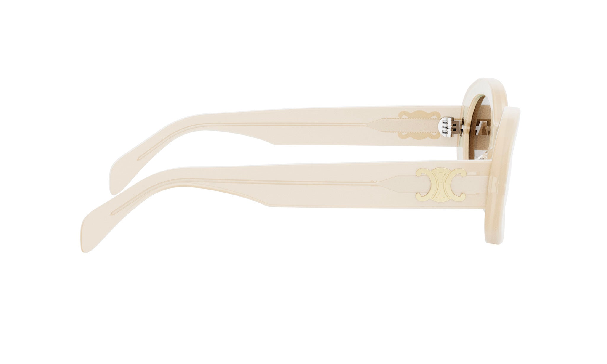 A pair of white sunglasses with a gold logo on the frame.