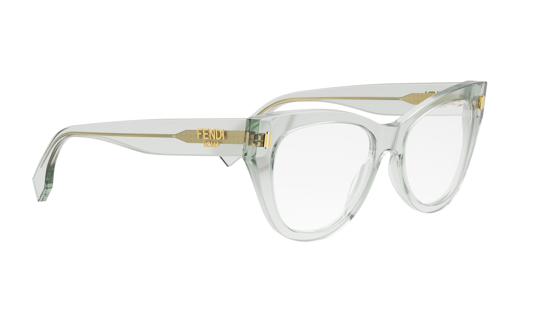 A pair of clear cat-eye framed glasses with a gold Fendi logo on the temples.
