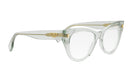 A pair of clear cat-eye framed glasses with a gold Fendi logo on the temples.