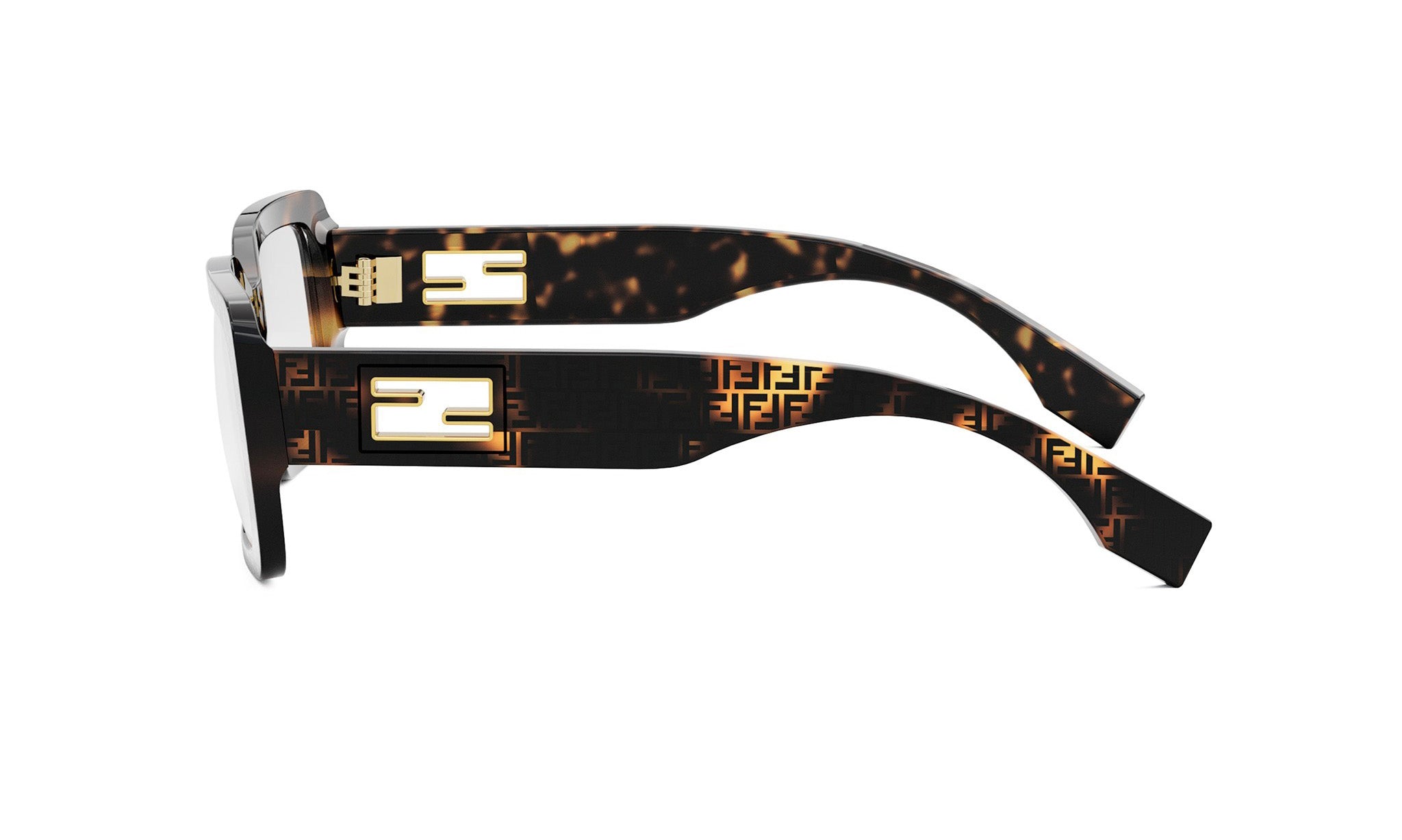 A pair of sunglasses with a distinctive tortoiseshell frame and a gold-colored logo on the temples.