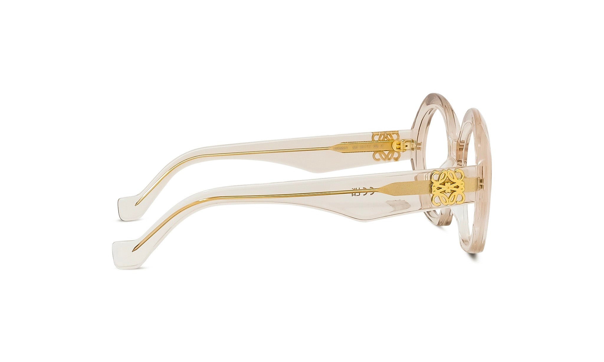 A pair of elegant, gold-colored eyeglasses with a delicate floral design on the temples.