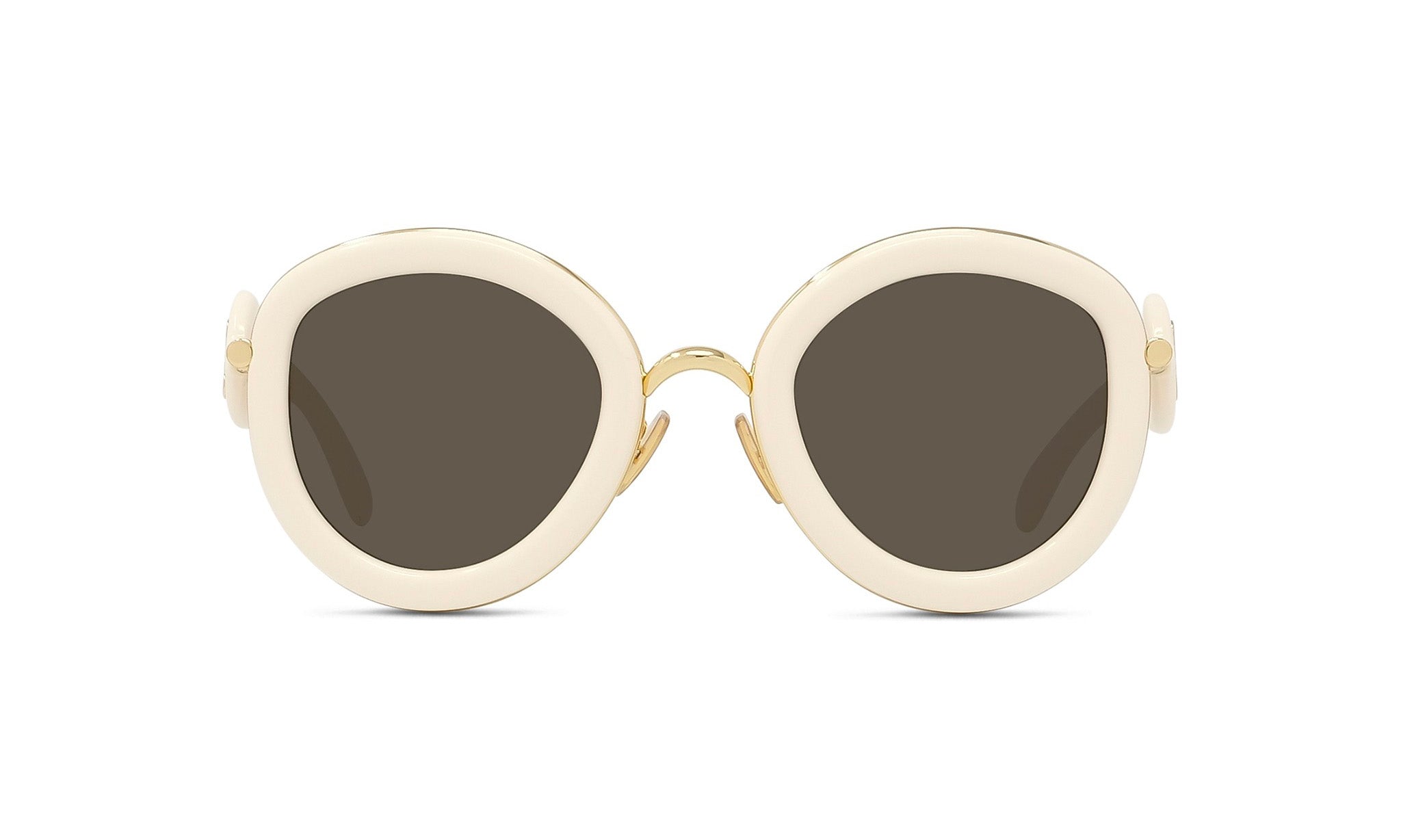 A pair of white, round sunglasses with dark lenses.