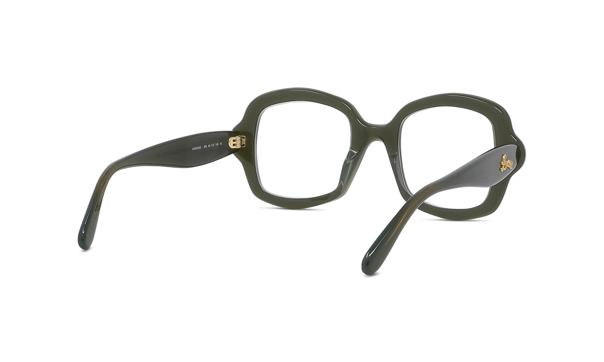 A pair of dark green-framed glasses with a square frame and gold-colored accents.