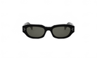 A pair of black sunglasses with dark lenses.